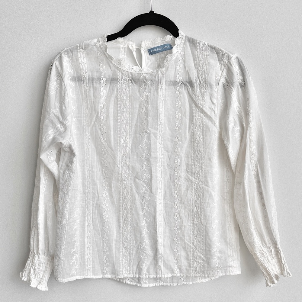 Embroidered Long Sleeve Womens Blouse, White, Small
